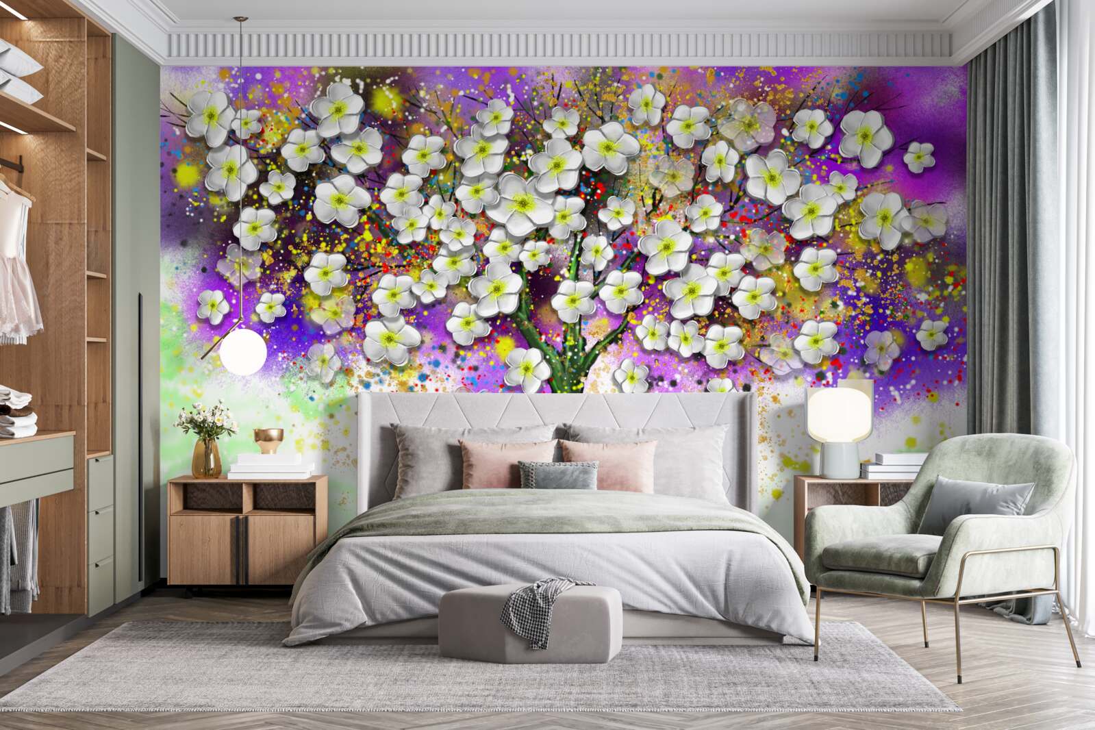 Фотошпалери дерево, що цвіте білосніжними квітами