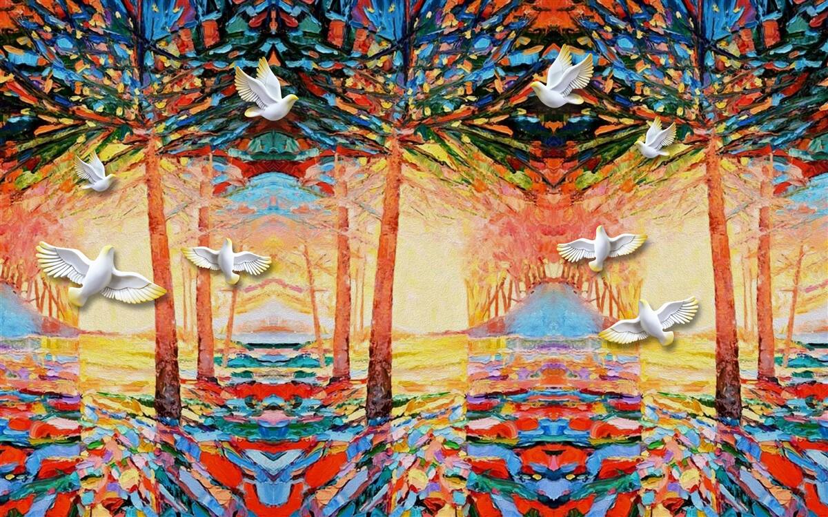 Фотошпалери Білосніжні голуби біля ставка під час заходу сонця