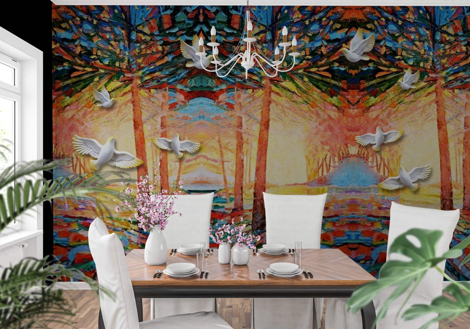 Фотошпалери Білосніжні голуби біля ставка під час заходу сонця