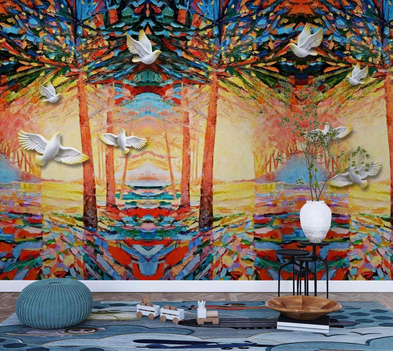 Фотошпалери Білосніжні голуби біля ставка під час заходу сонця