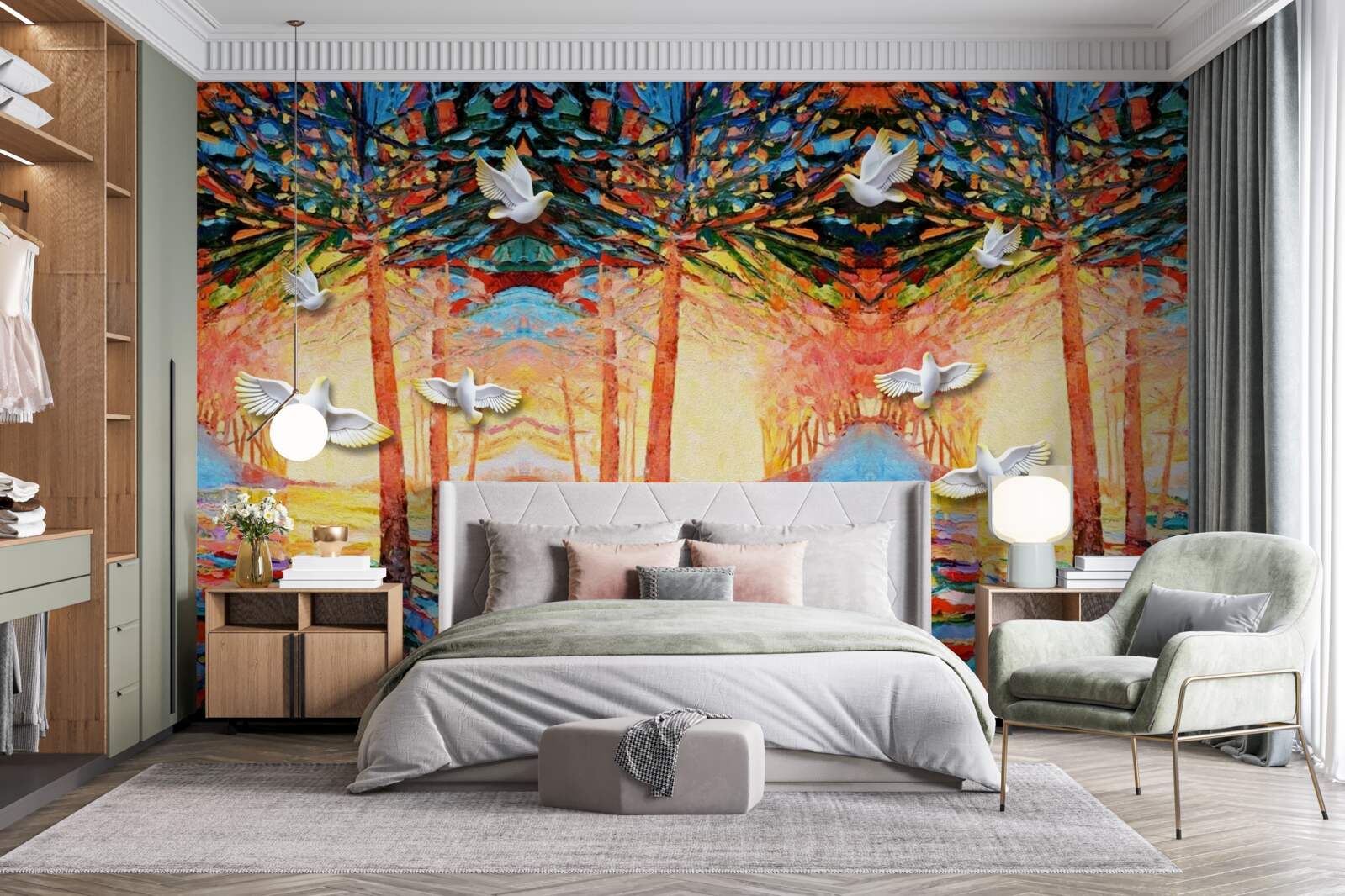 Фотошпалери Білосніжні голуби біля ставка під час заходу сонця