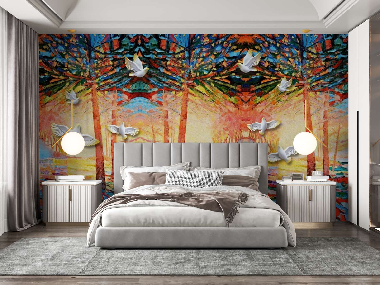 Фотошпалери Білосніжні голуби біля ставка під час заходу сонця