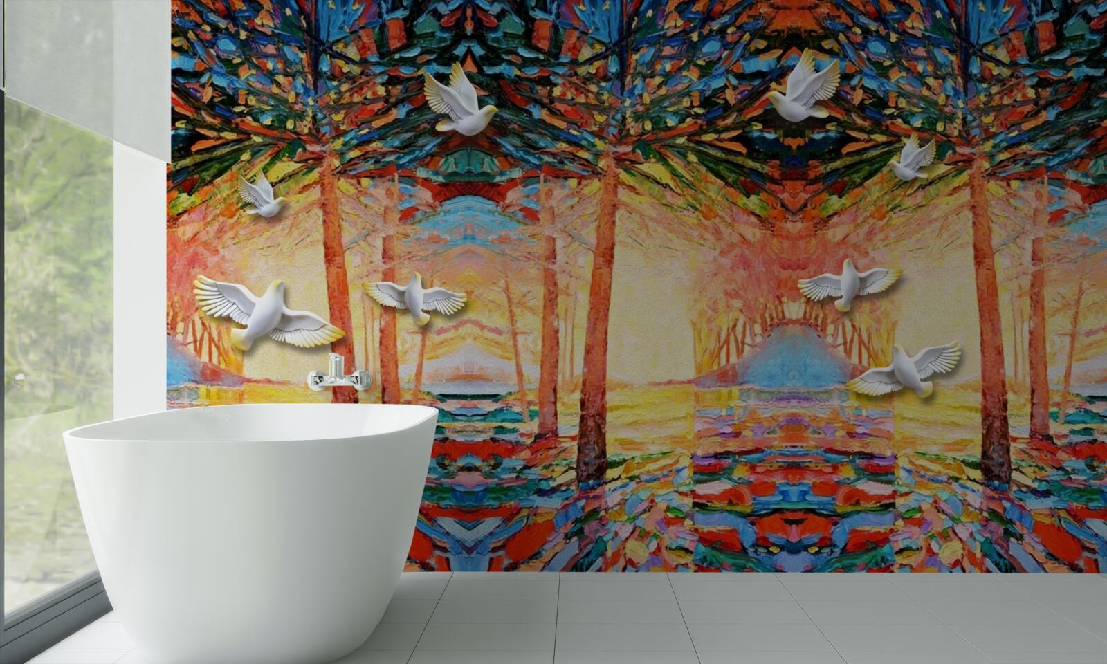 Фотошпалери Білосніжні голуби біля ставка під час заходу сонця