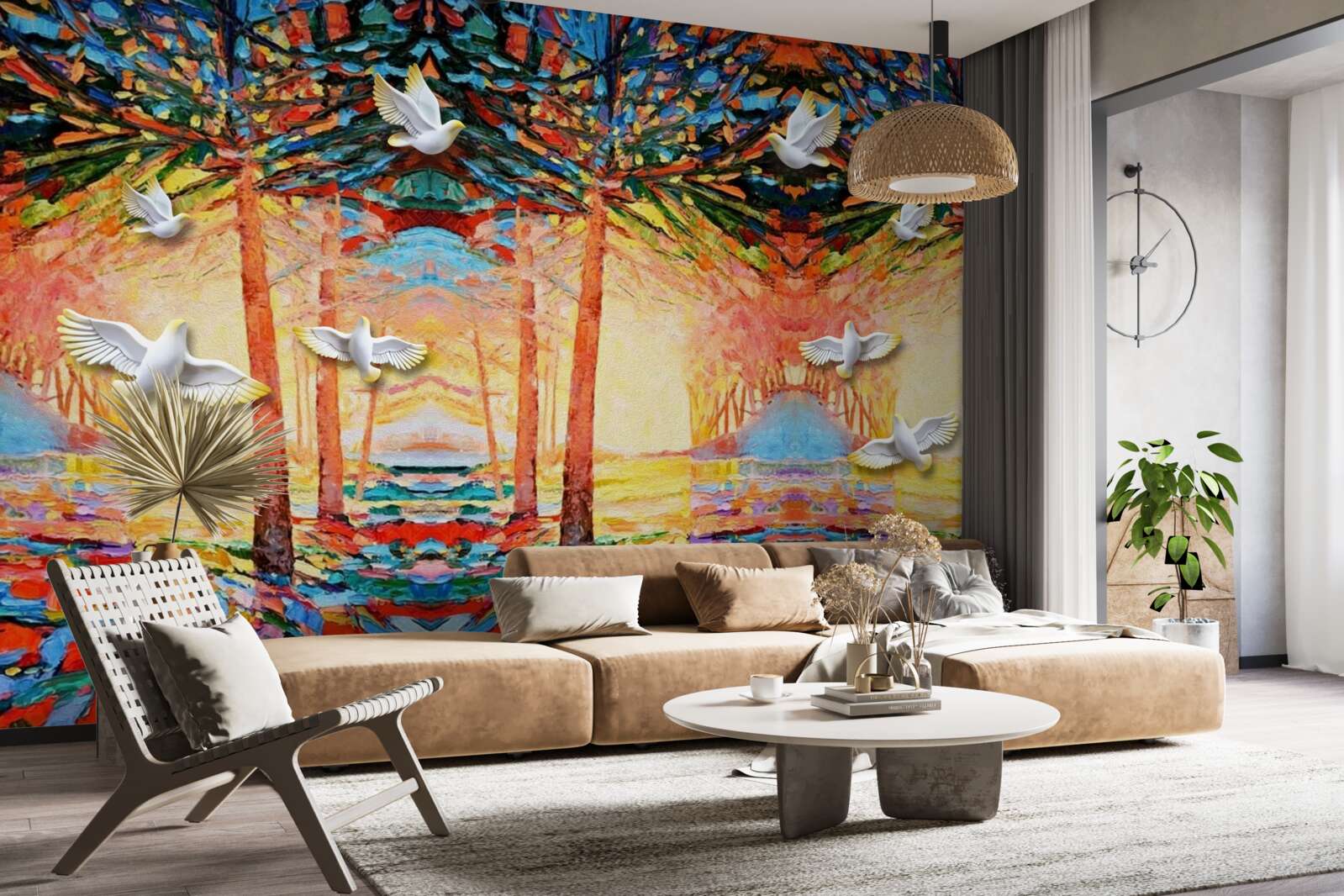 Фотошпалери Білосніжні голуби біля ставка під час заходу сонця