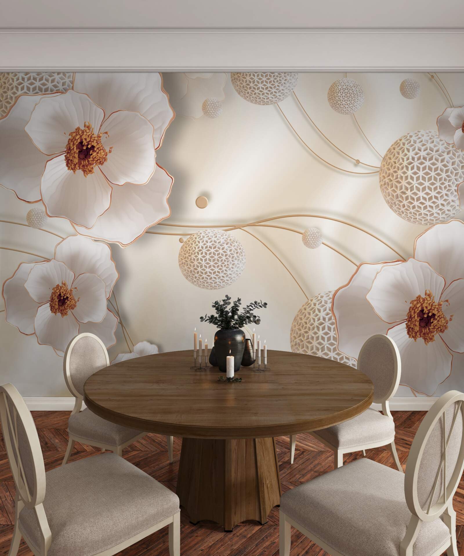 Фотошпалери гілки, прикрашені золотисто-білими квітами та блискучими кристалами