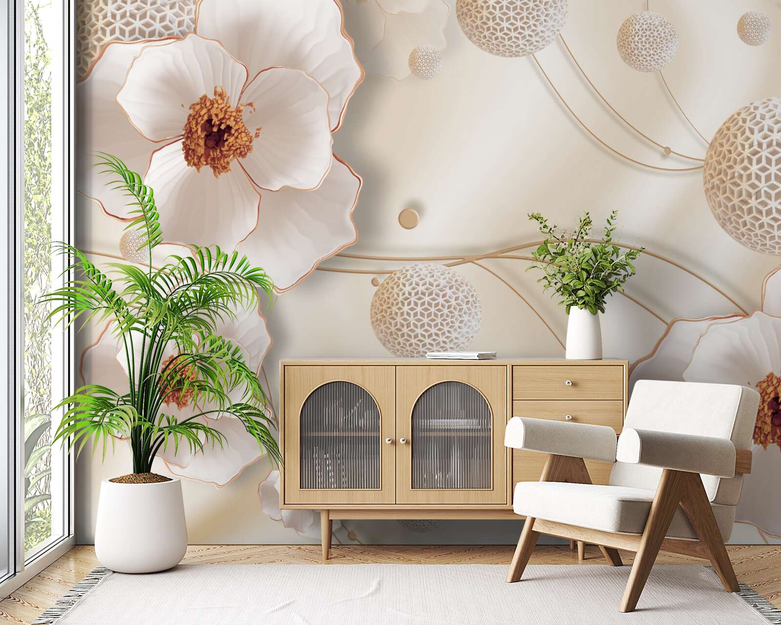 Фотошпалери гілки, прикрашені золотисто-білими квітами та блискучими кристалами