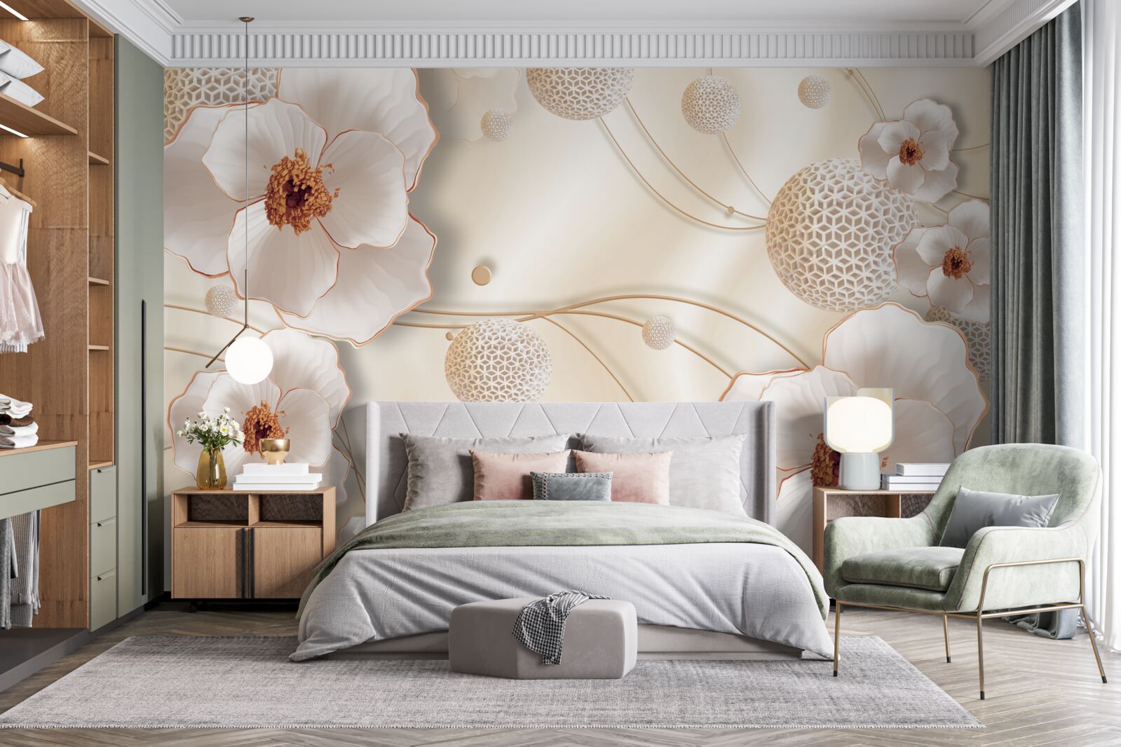 Фотошпалери гілки, прикрашені золотисто-білими квітами та блискучими кристалами