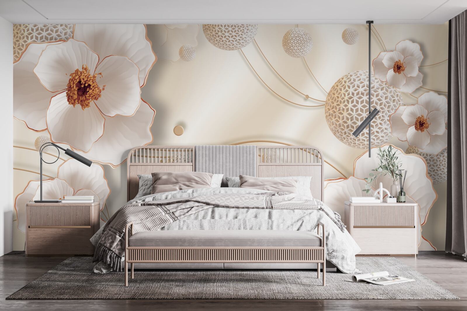 Фотошпалери гілки, прикрашені золотисто-білими квітами та блискучими кристалами