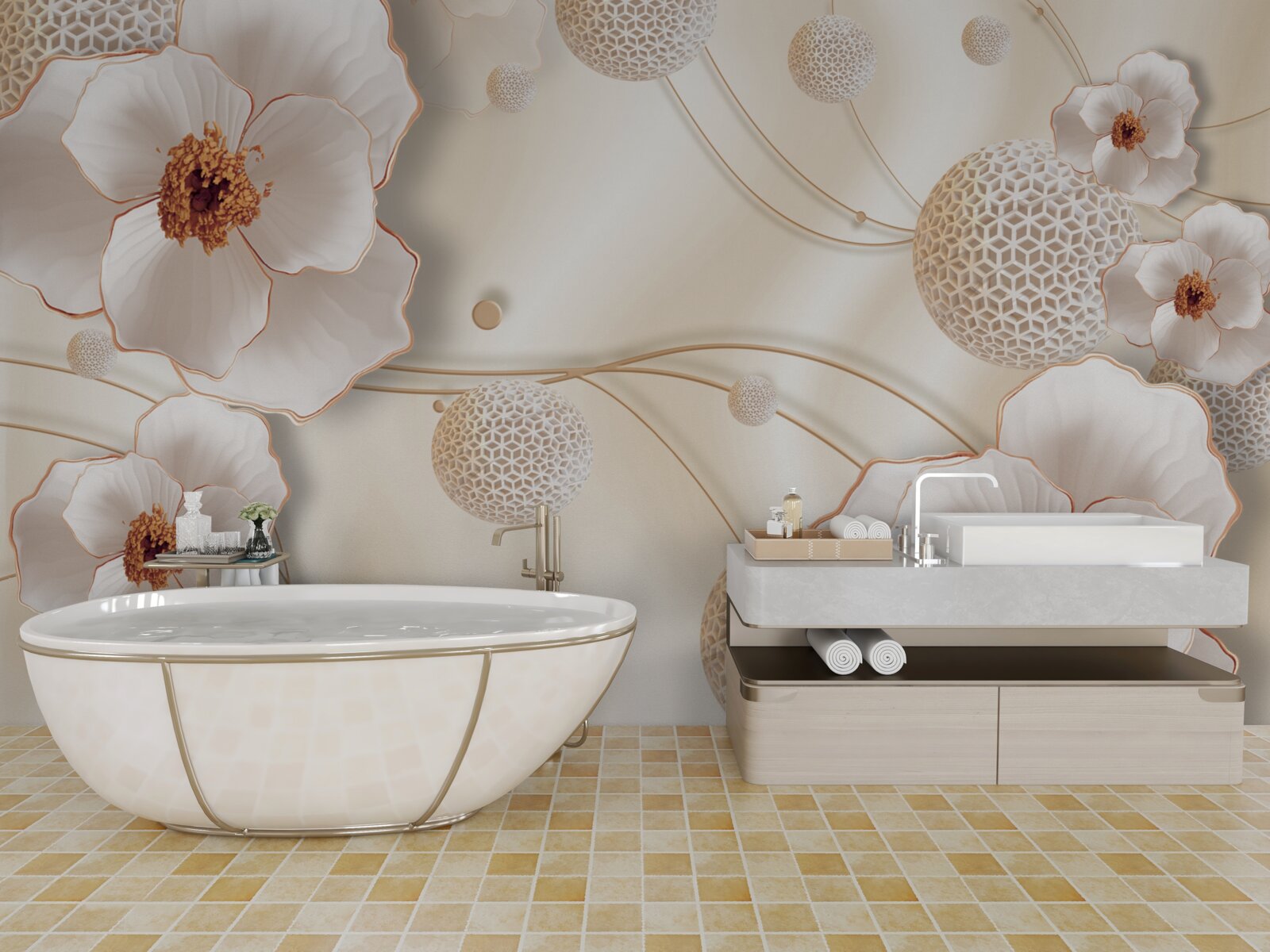 Фотошпалери гілки, прикрашені золотисто-білими квітами та блискучими кристалами