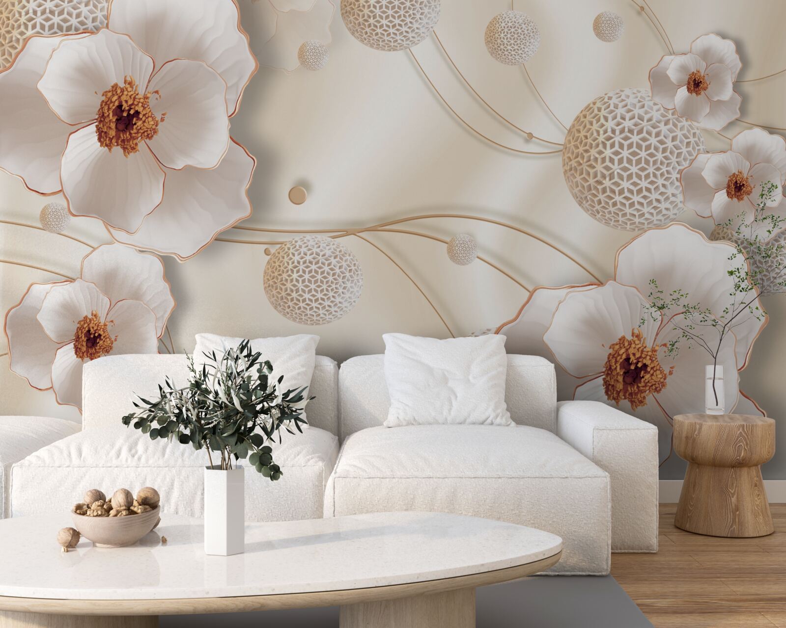 Фотошпалери гілки, прикрашені золотисто-білими квітами та блискучими кристалами