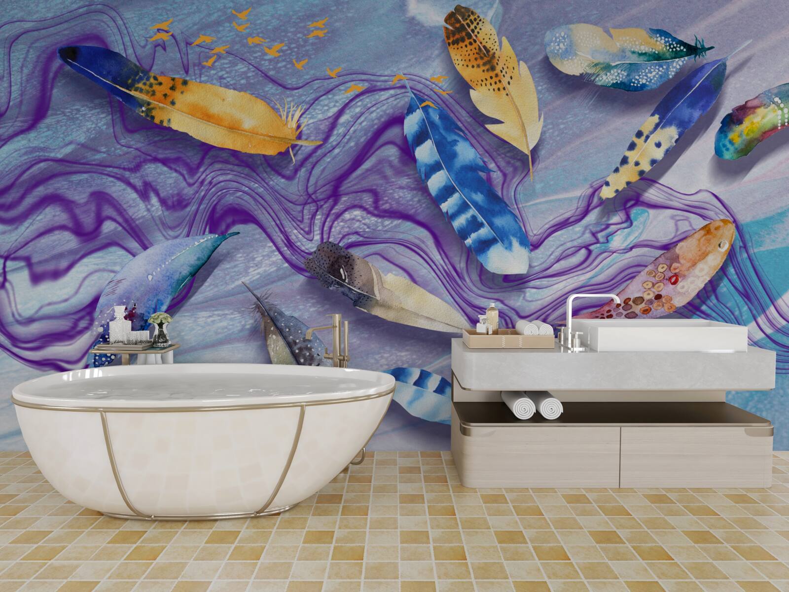 Фотошпалери хвилі чорнила прикрашені пір'ям