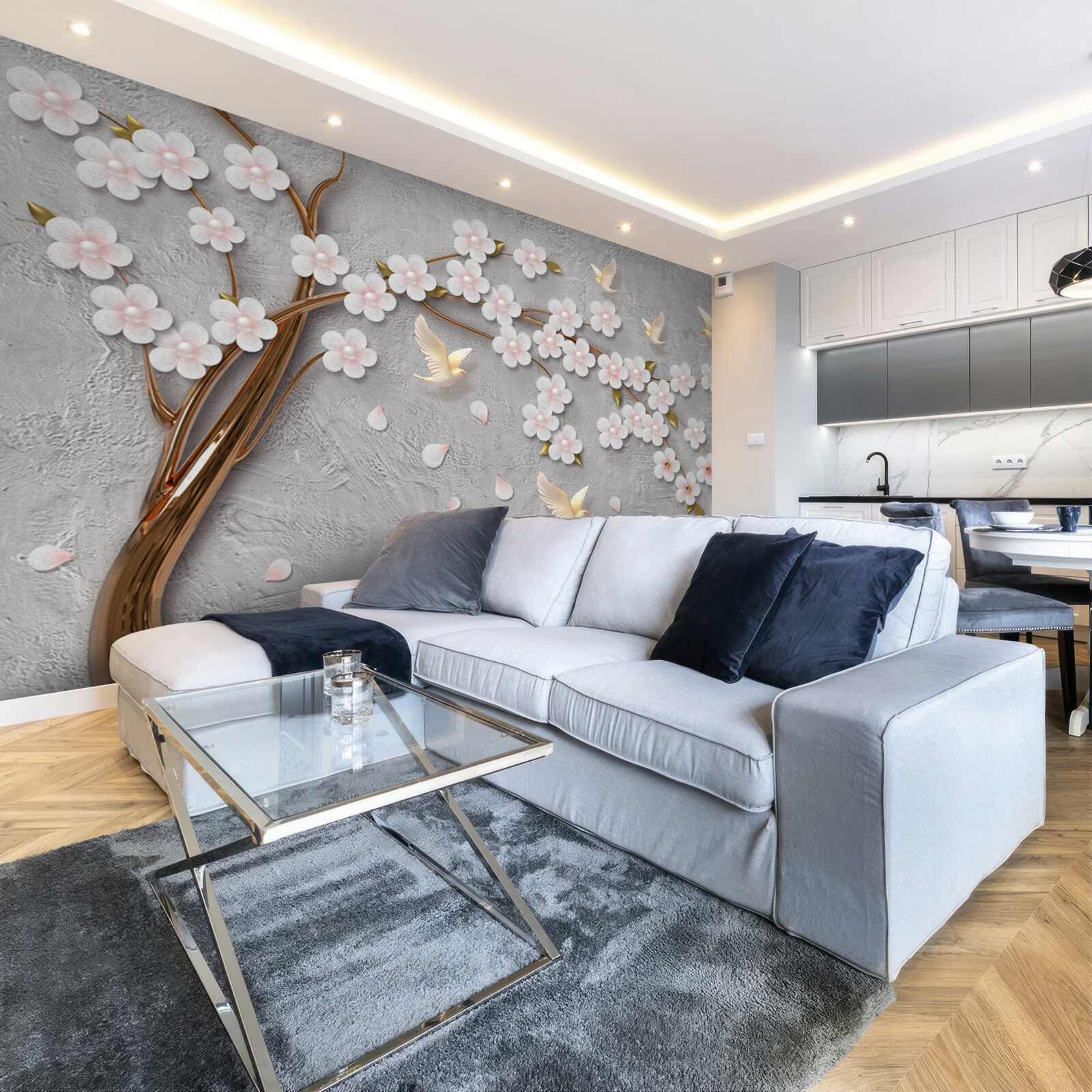 Фотошпалери квітуче дерево і білосніжні голуби