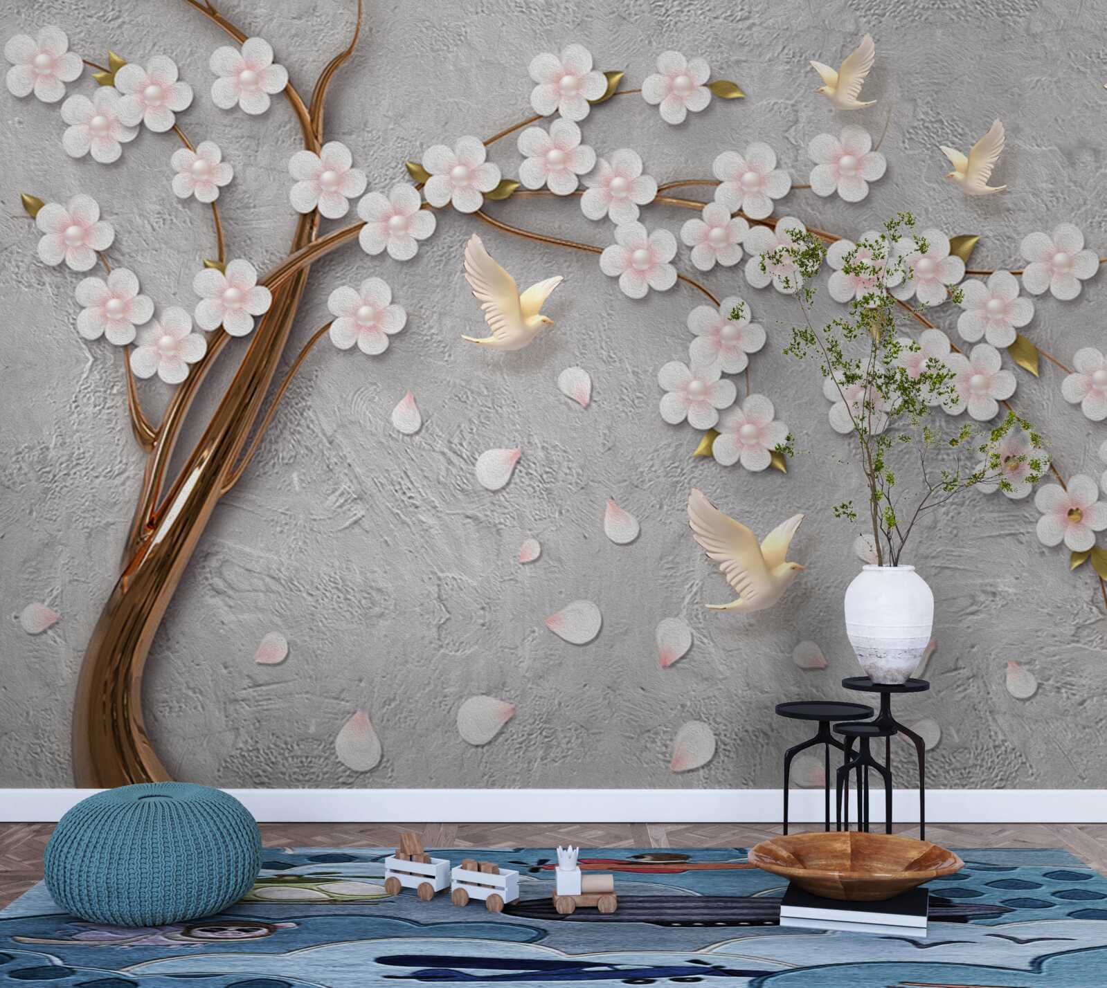 Фотошпалери квітуче дерево і білосніжні голуби