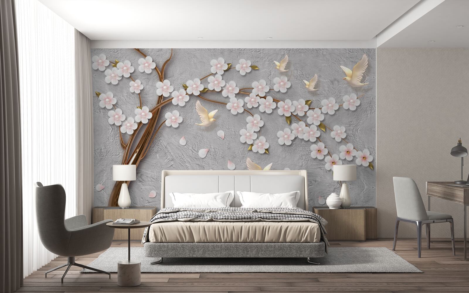 Фотошпалери квітуче дерево і білосніжні голуби