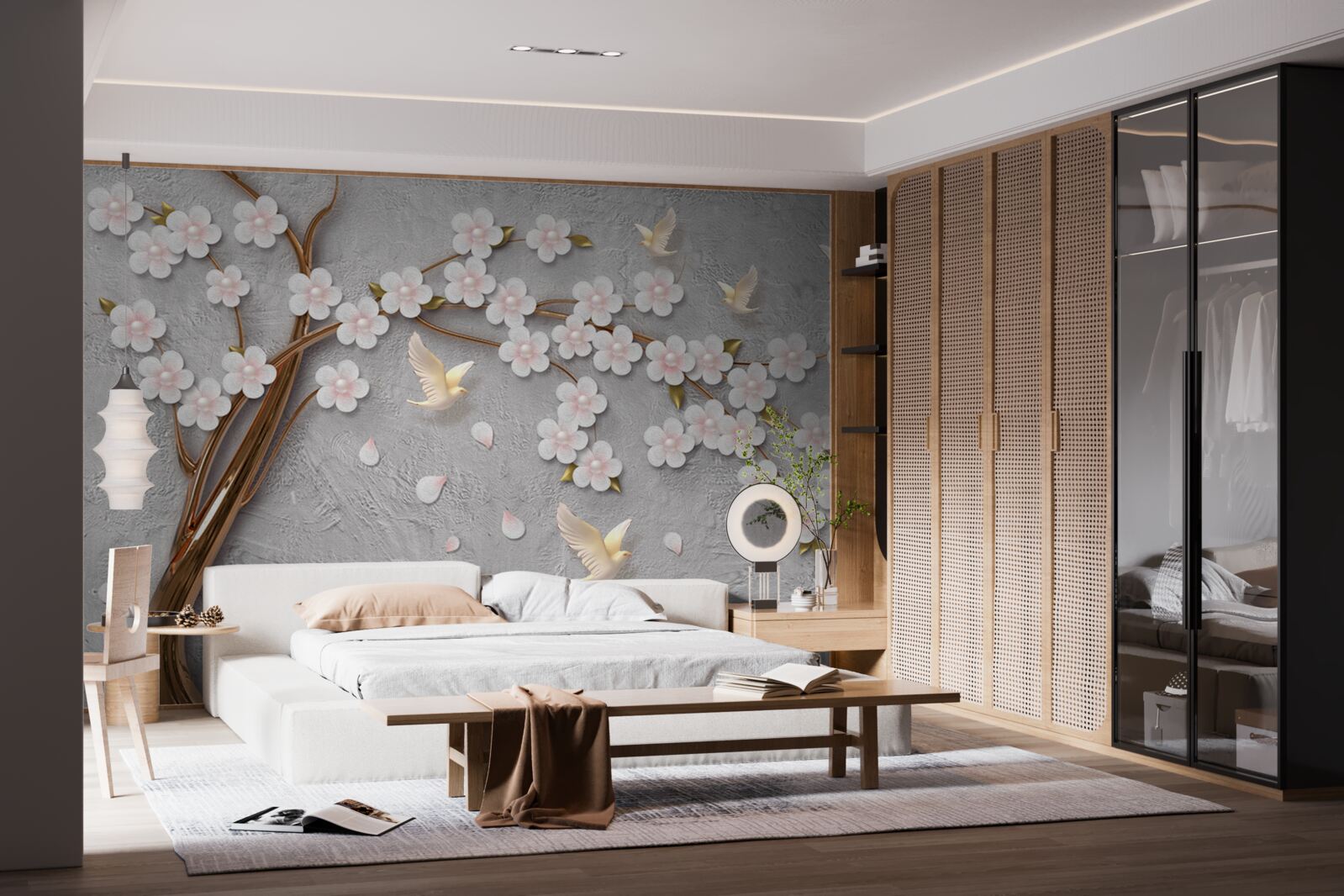 Фотошпалери квітуче дерево і білосніжні голуби