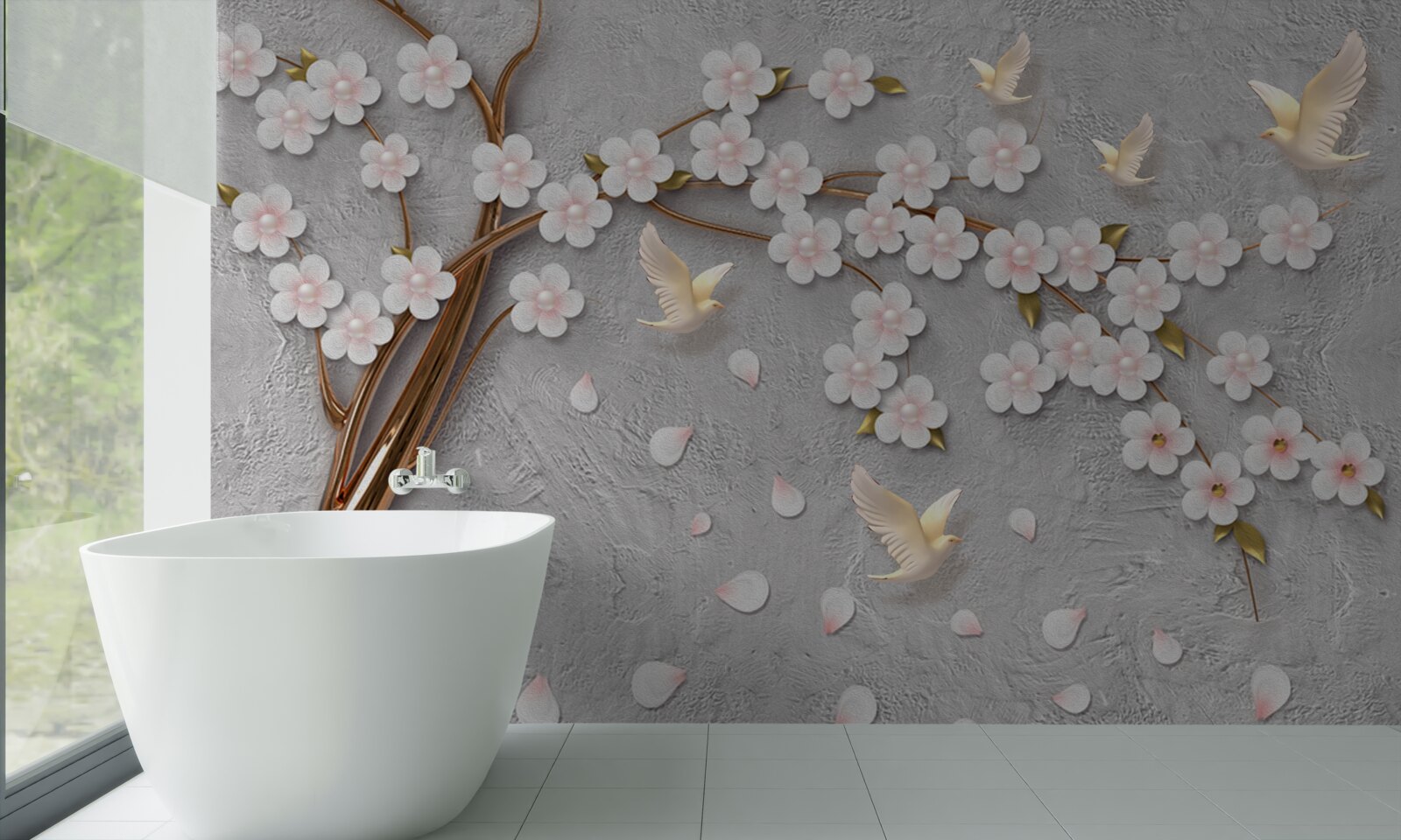 Фотошпалери квітуче дерево і білосніжні голуби