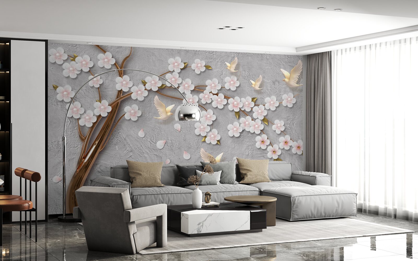 Фотошпалери квітуче дерево і білосніжні голуби