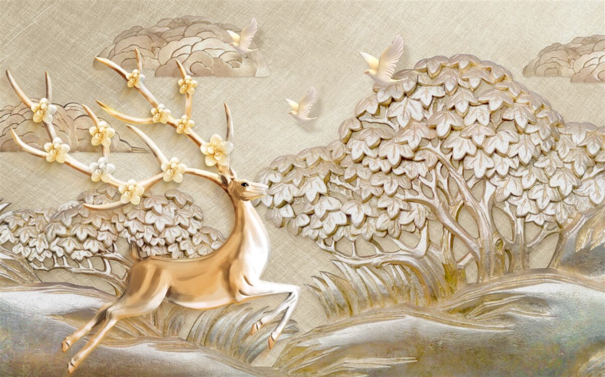 Фотошпалери золотий олень розкішно біжить лугом