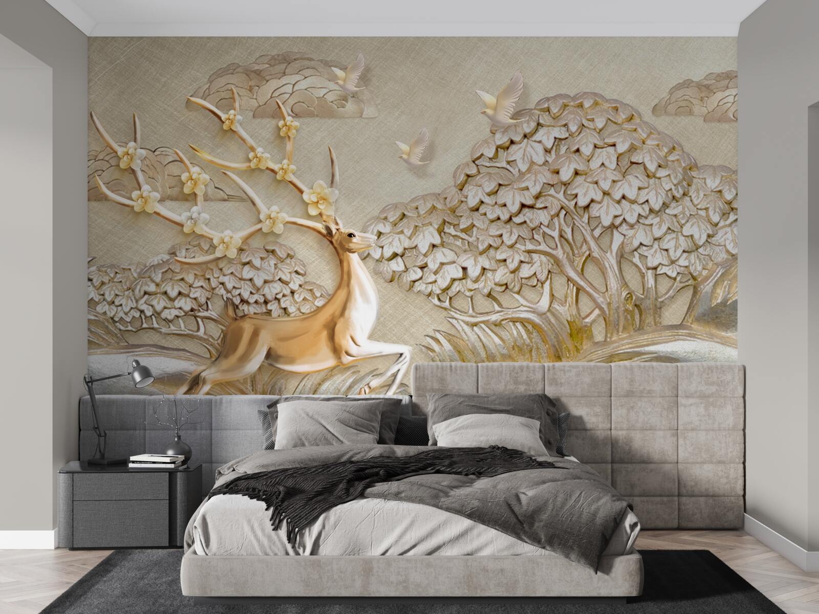 Фотошпалери золотий олень розкішно біжить лугом