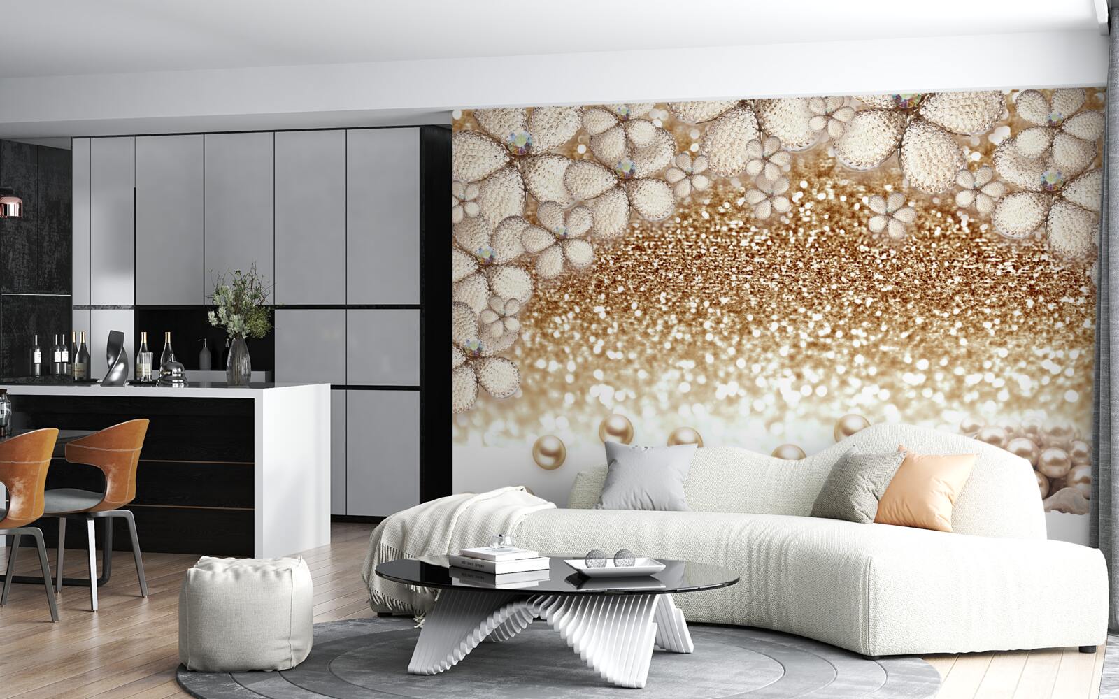 Фотошпалери білі та золоті квіти і перли