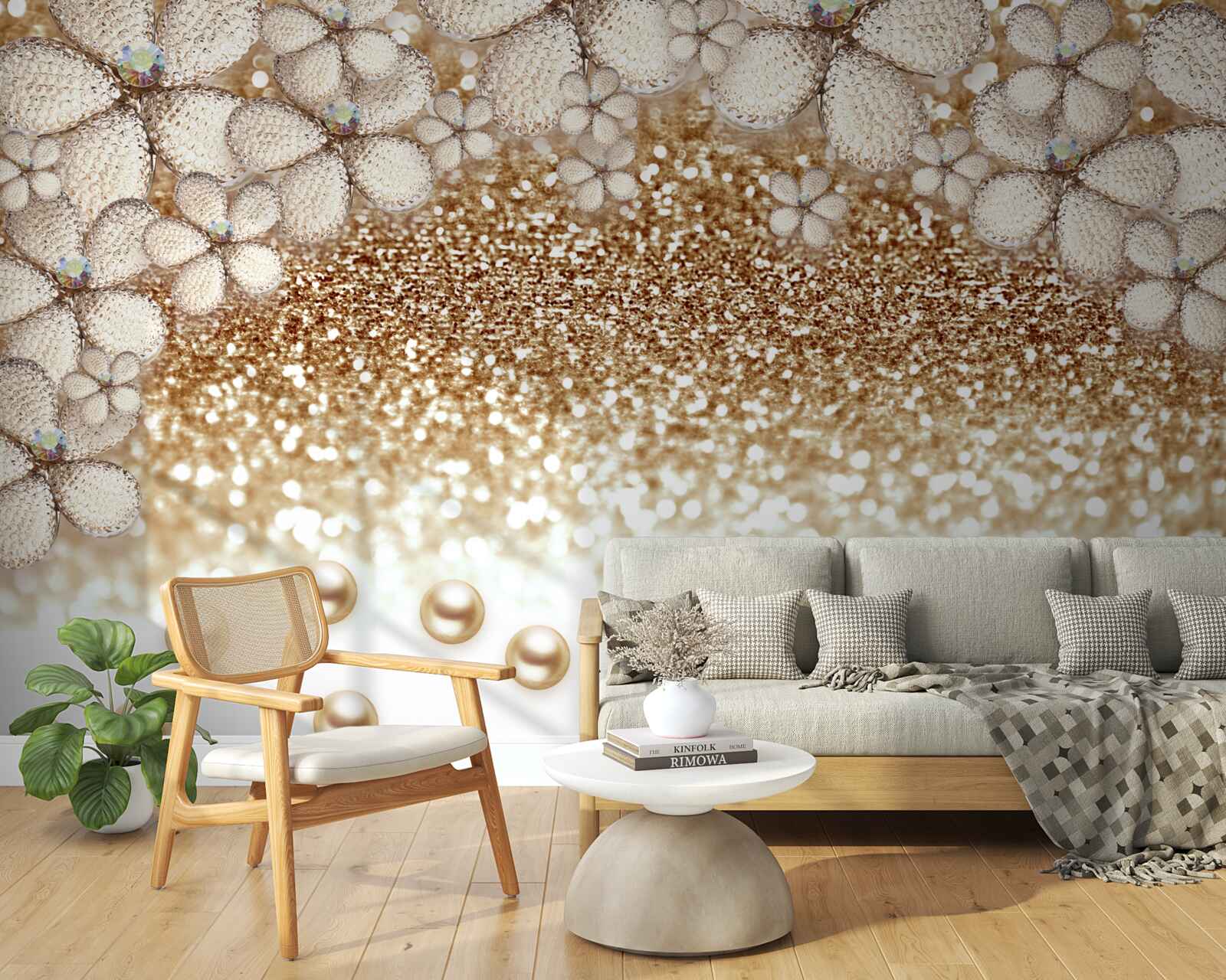 Фотошпалери білі та золоті квіти і перли