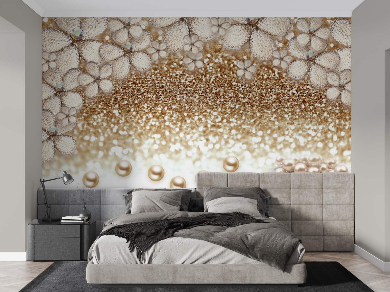 Фотошпалери білі та золоті квіти і перли