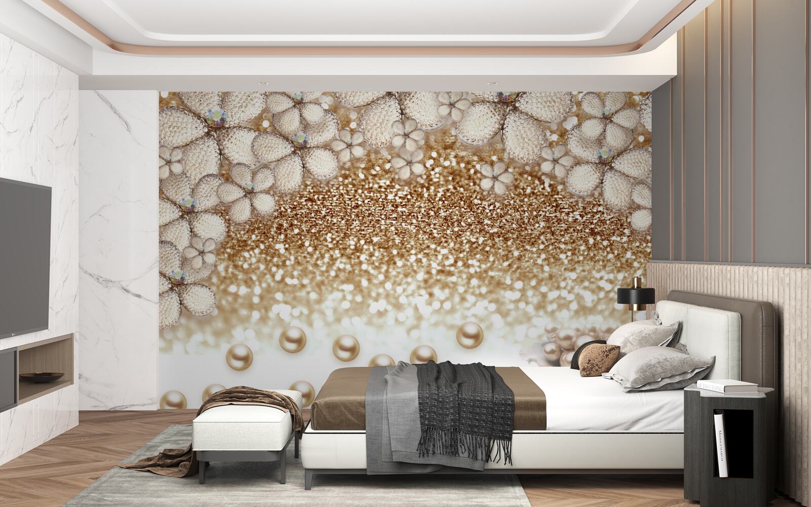 Фотошпалери білі та золоті квіти і перли