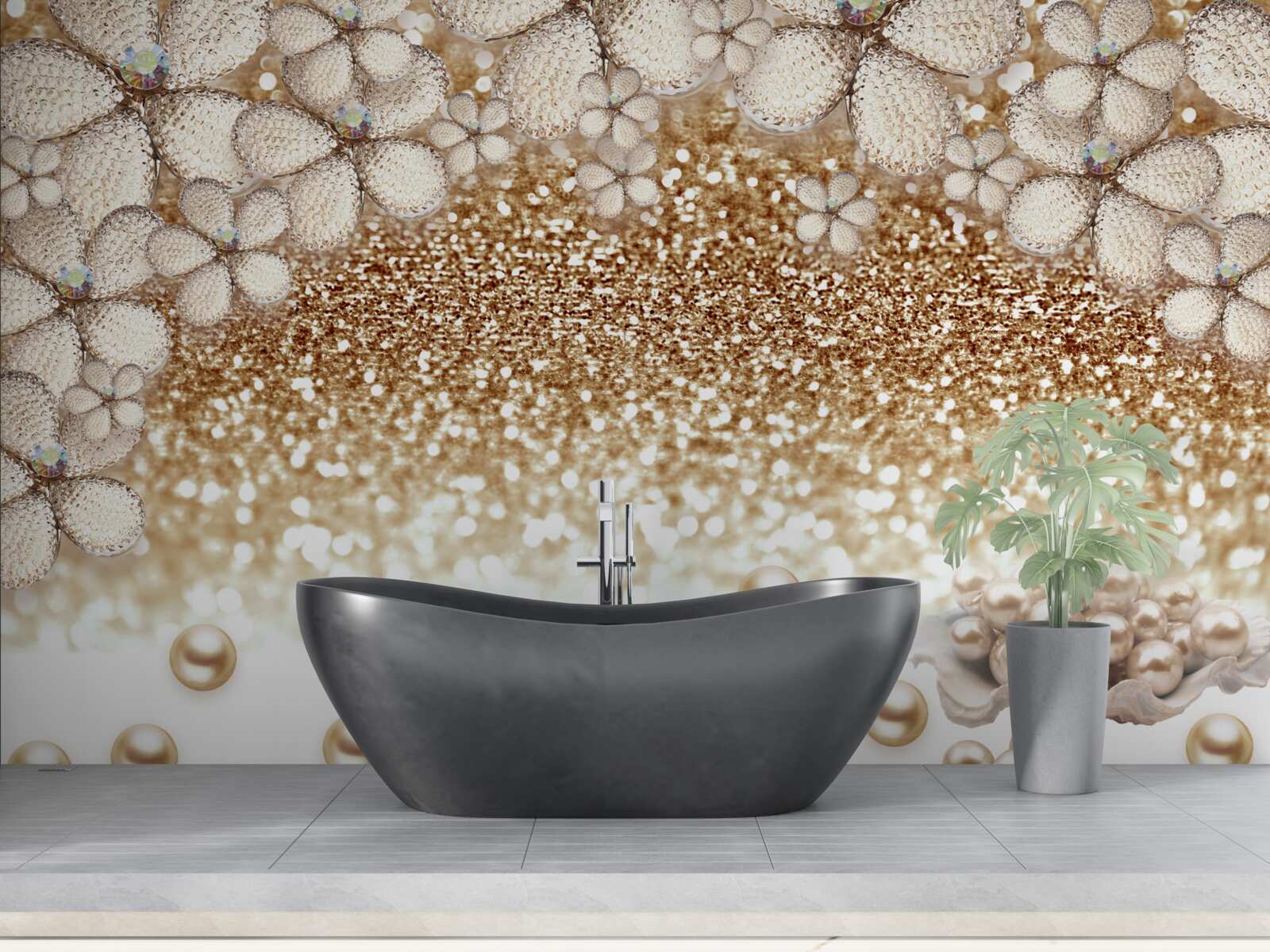 Фотошпалери білі та золоті квіти і перли