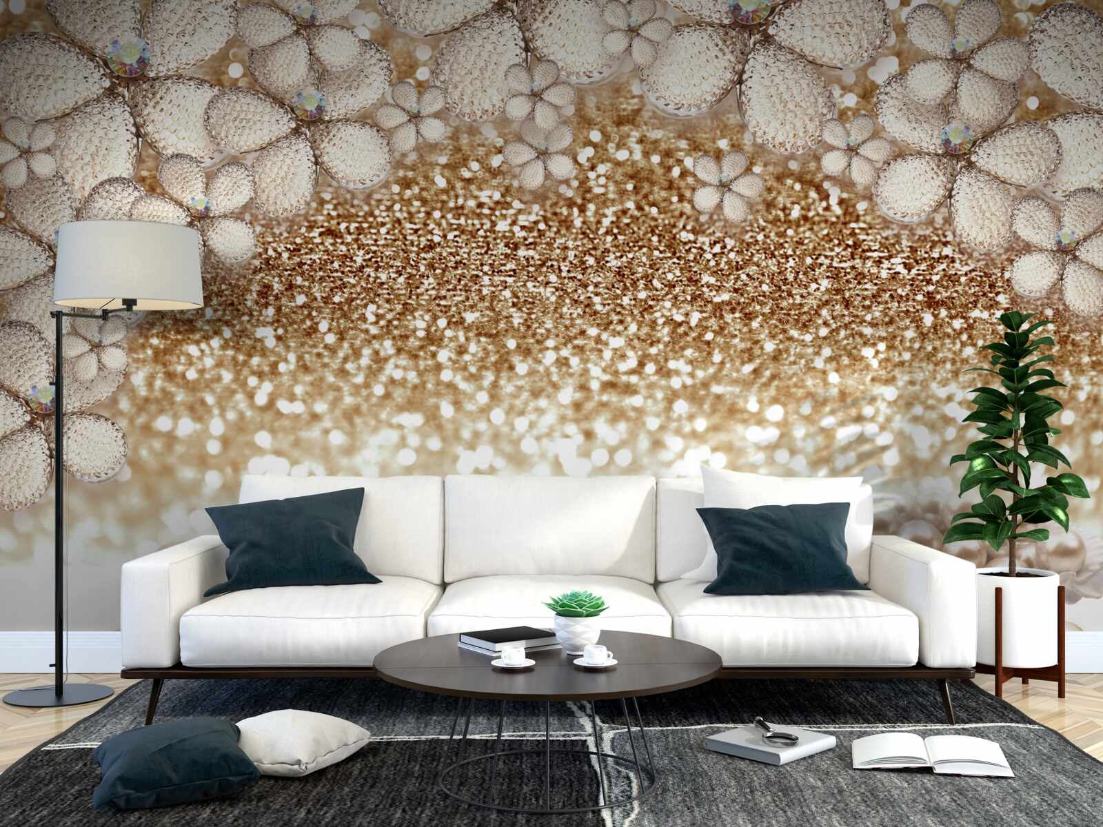 Фотошпалери білі та золоті квіти і перли