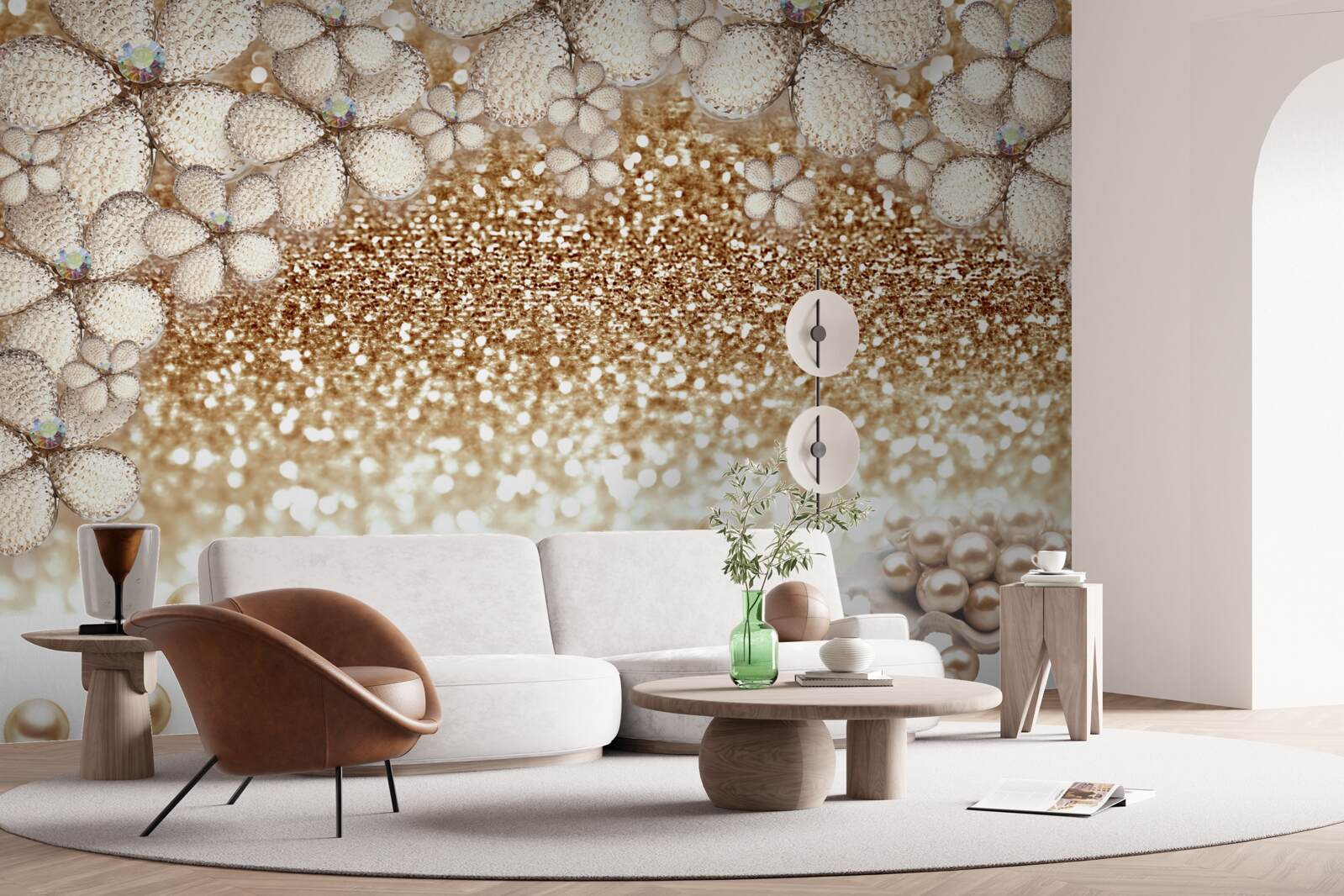 Фотошпалери білі та золоті квіти і перли