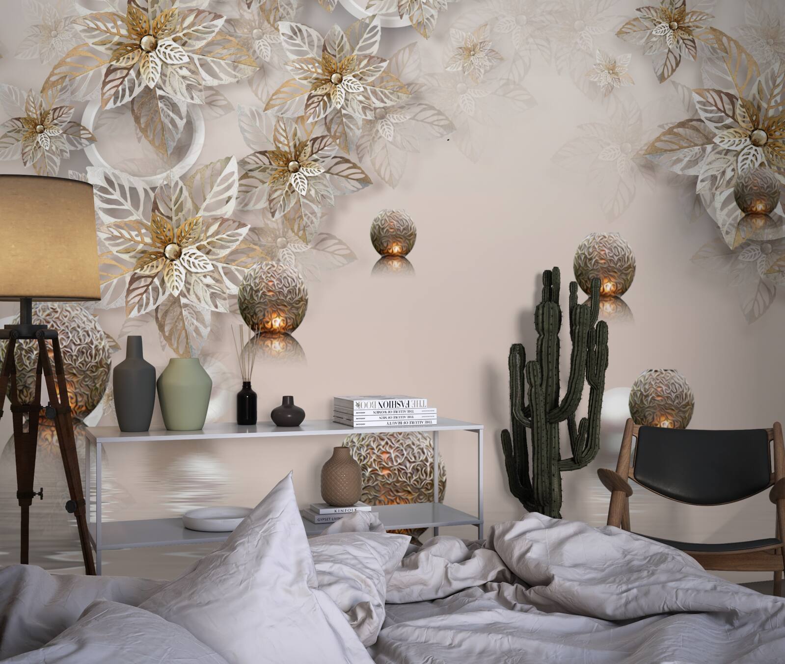 Фотошпалери золоті рослини та кулі з підсвічуванням