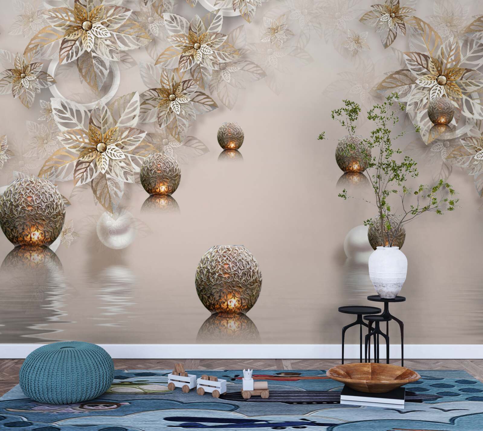Фотошпалери золоті рослини та кулі з підсвічуванням