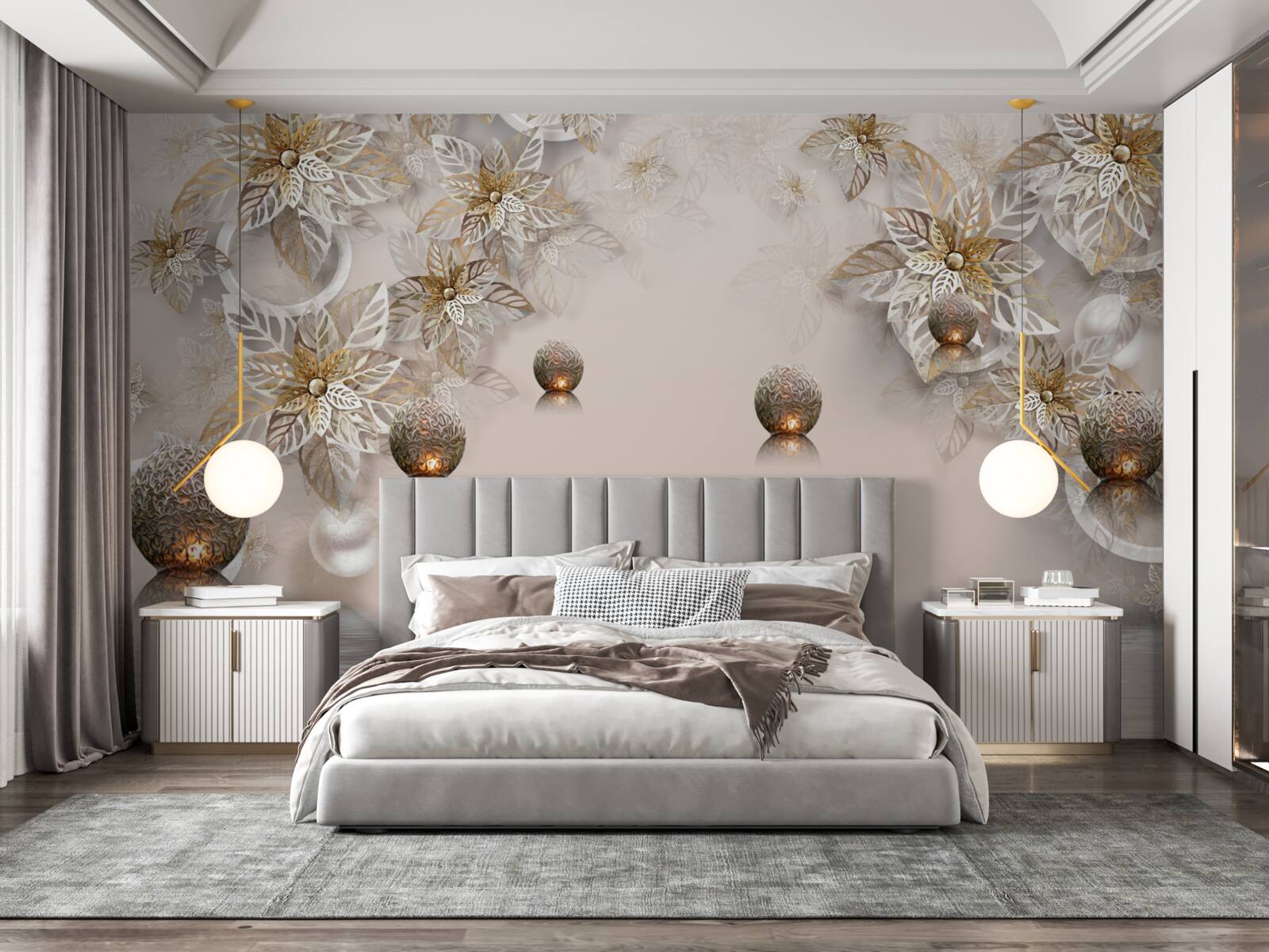 Фотошпалери золоті рослини та кулі з підсвічуванням