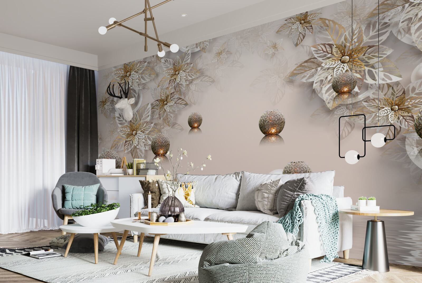 Фотошпалери золоті рослини та кулі з підсвічуванням