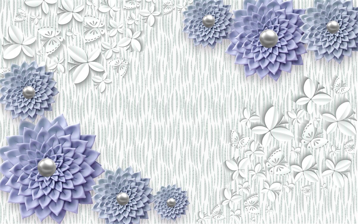 Фотошпалери блакитна тканина з квітами та метеликами