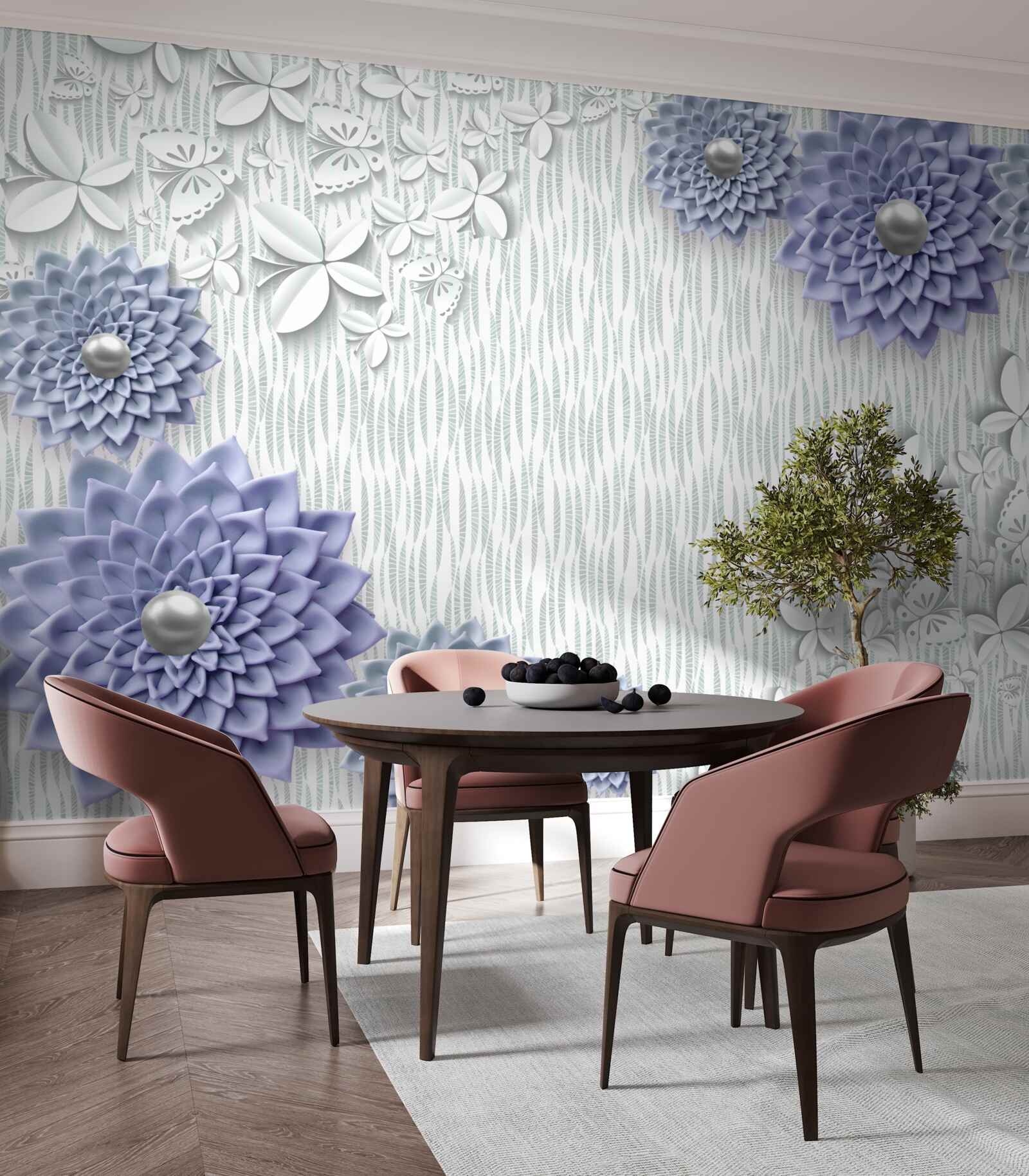 Фотошпалери блакитна тканина з квітами та метеликами