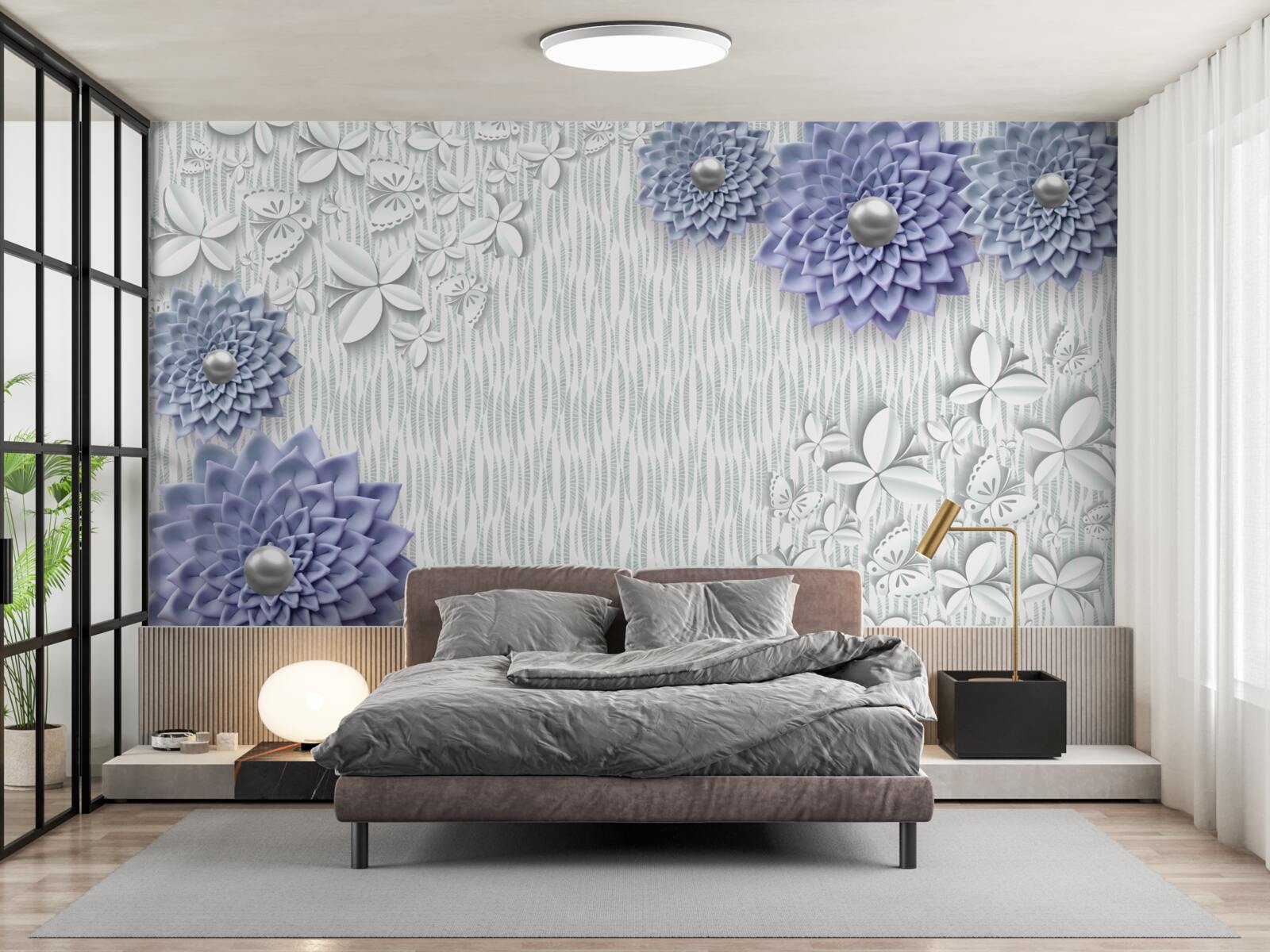 Фотошпалери блакитна тканина з квітами та метеликами