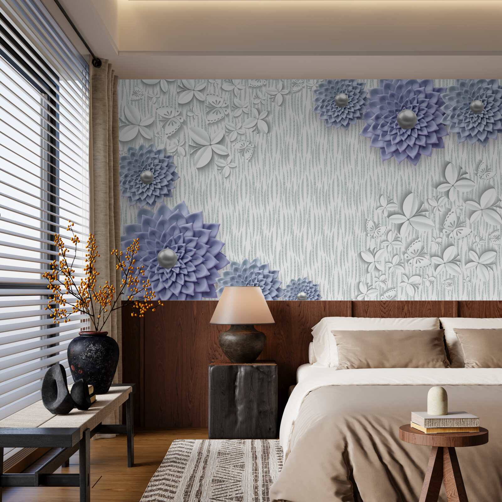 Фотошпалери блакитна тканина з квітами та метеликами