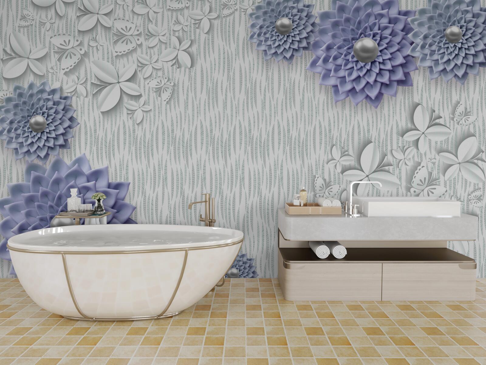 Фотошпалери блакитна тканина з квітами та метеликами