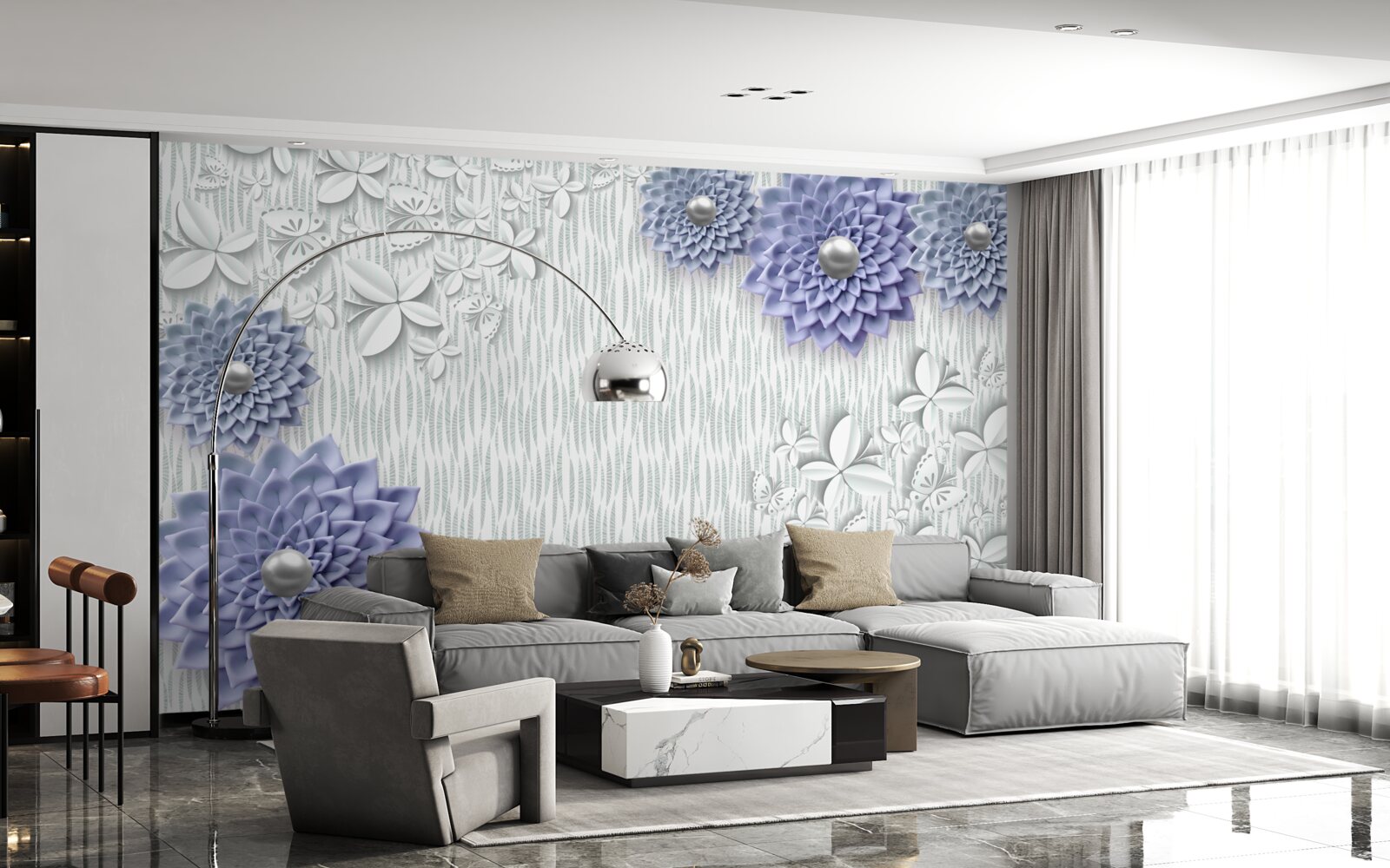 Фотошпалери блакитна тканина з квітами та метеликами