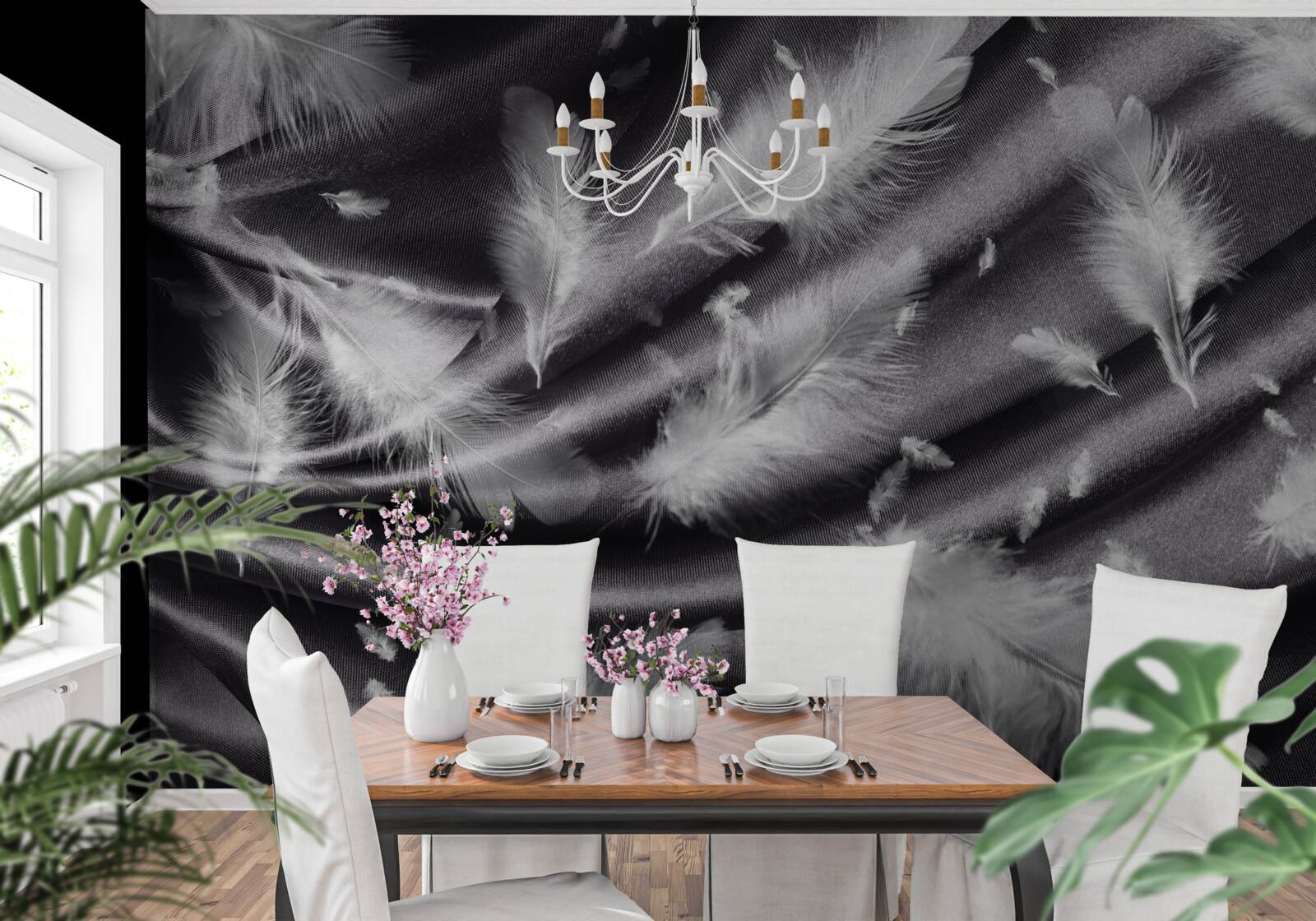 Фотошпалери пір'я білого кольору розміщене на сірій тканині