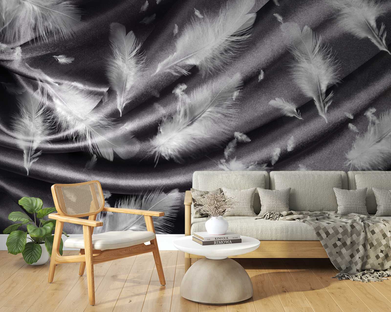 Фотошпалери пір'я білого кольору розміщене на сірій тканині