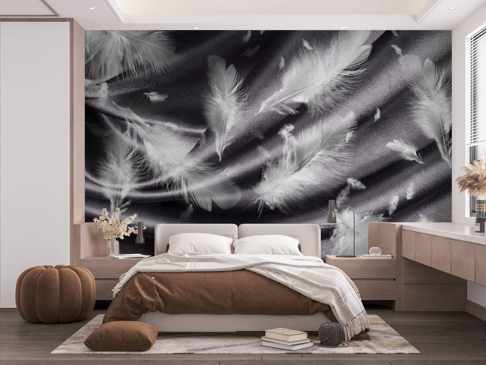 Фотошпалери пір'я білого кольору розміщене на сірій тканині
