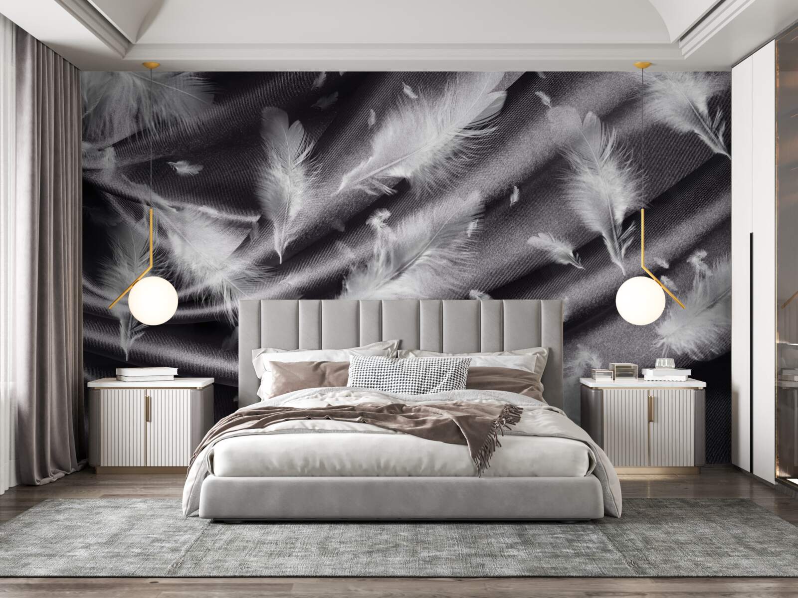 Фотошпалери пір'я білого кольору розміщене на сірій тканині
