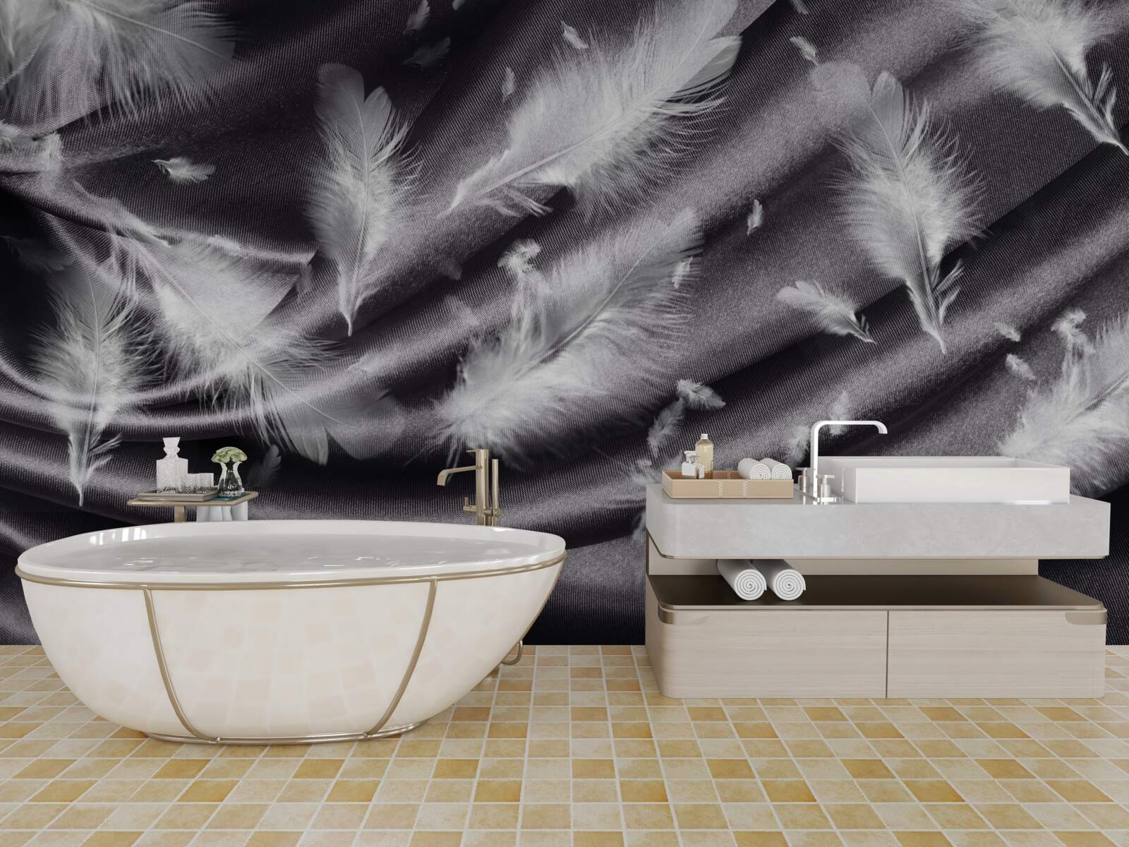 Фотошпалери пір'я білого кольору розміщене на сірій тканині