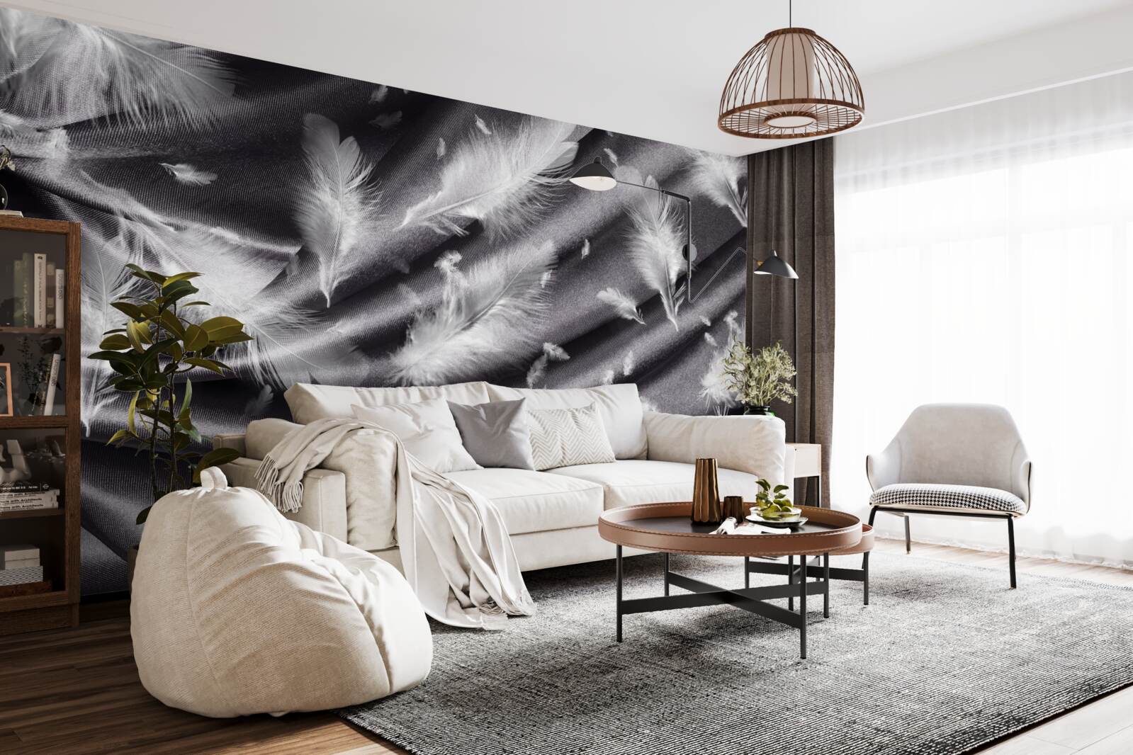 Фотошпалери пір'я білого кольору розміщене на сірій тканині