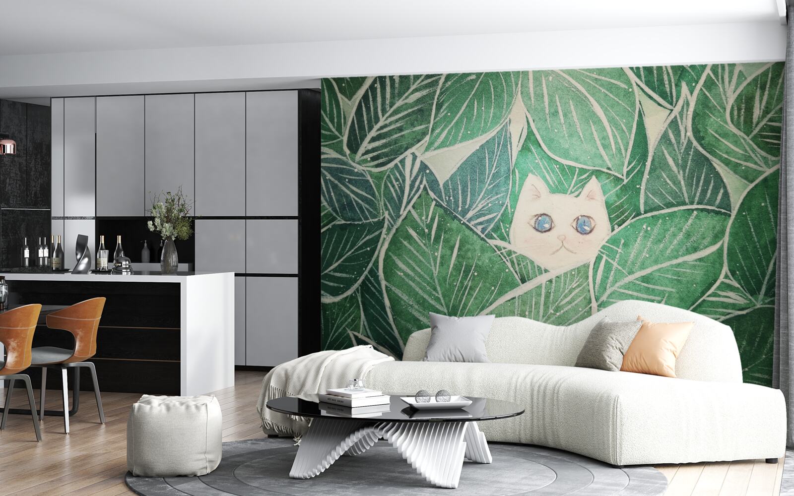 Фотошпалери маленького котика, що загубився серед зеленого листя