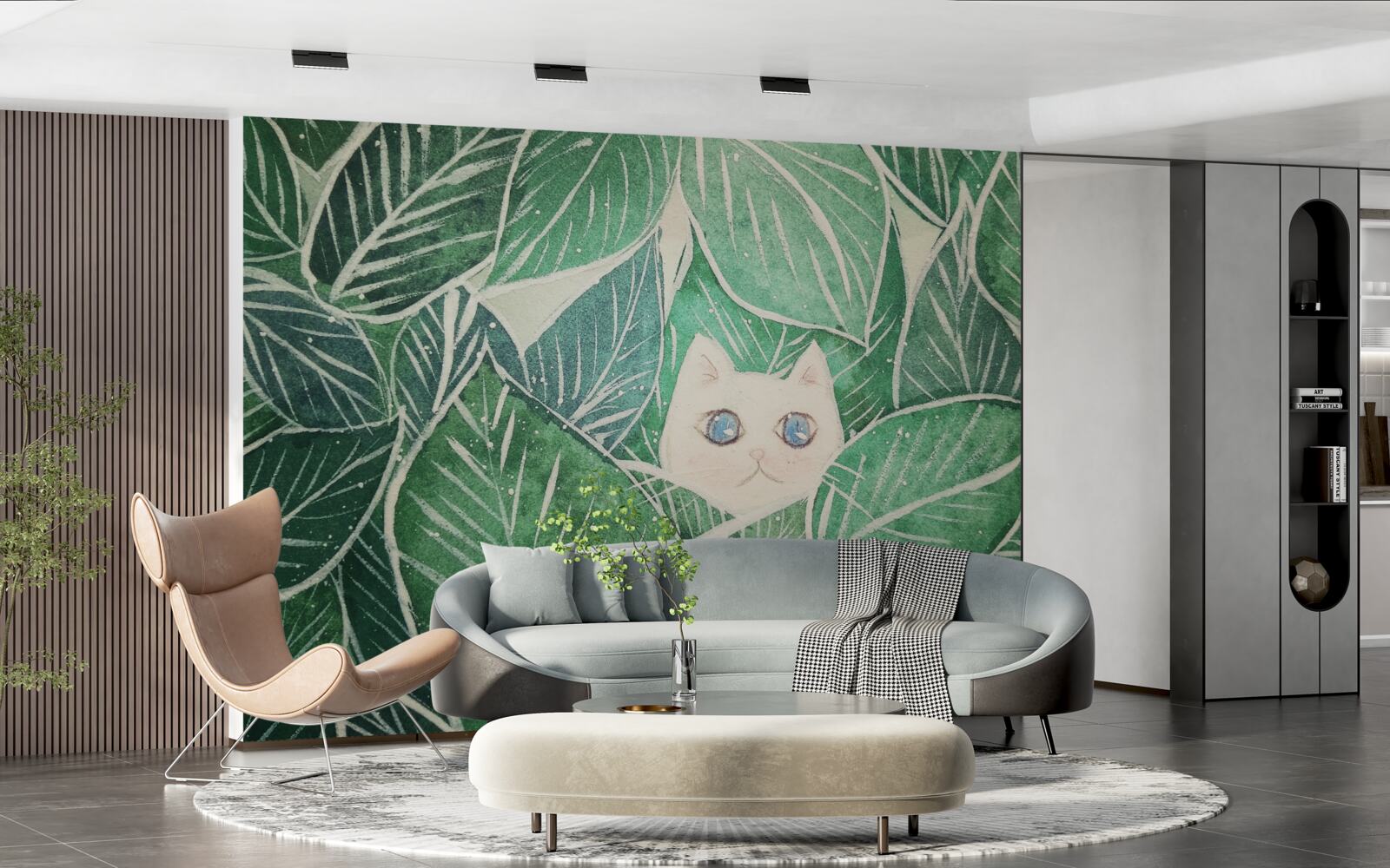 Фотошпалери маленького котика, що загубився серед зеленого листя