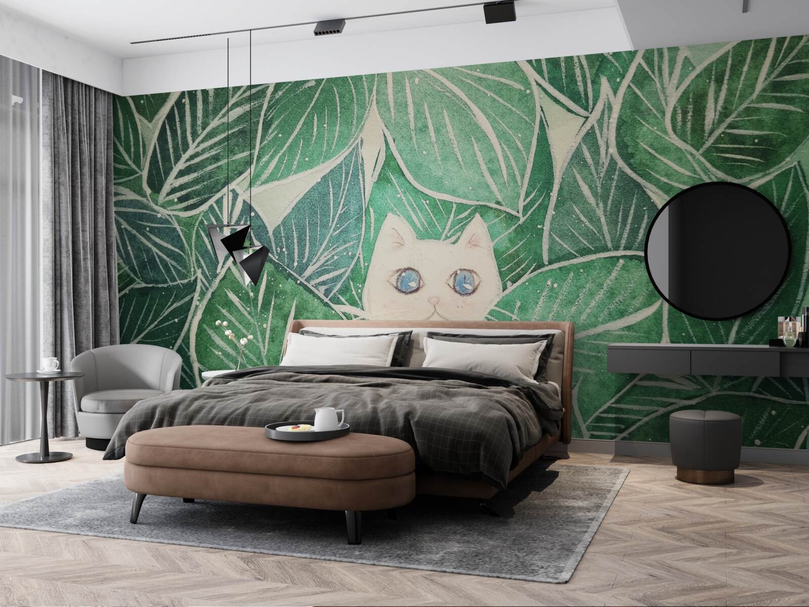 Фотошпалери маленького котика, що загубився серед зеленого листя