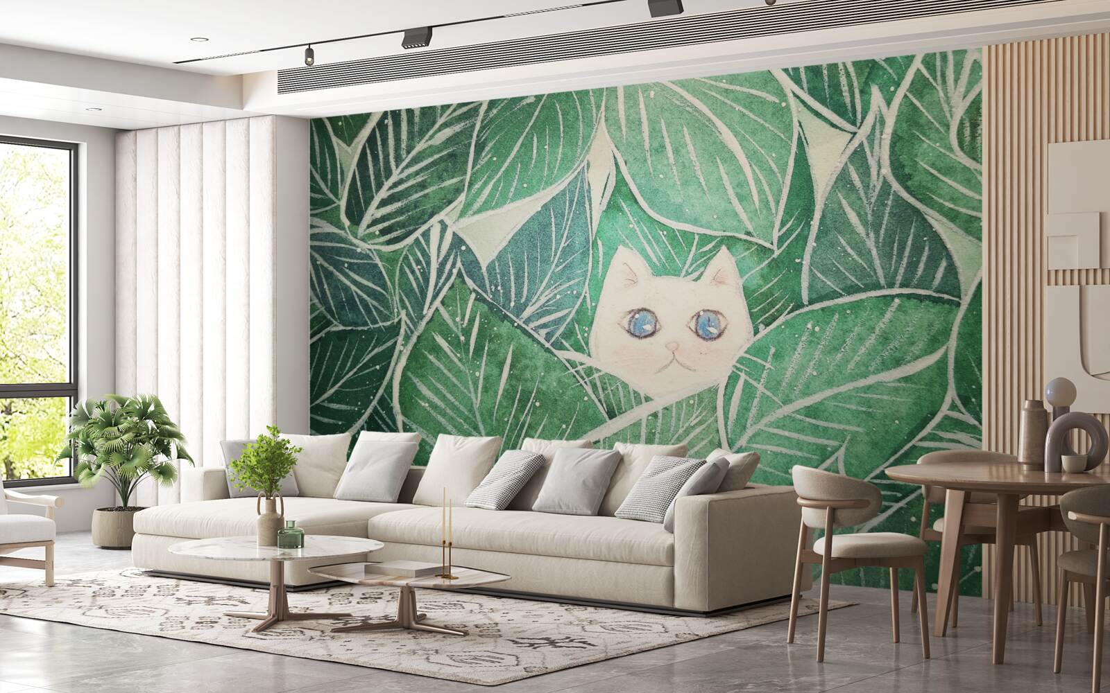 Фотошпалери маленького котика, що загубився серед зеленого листя